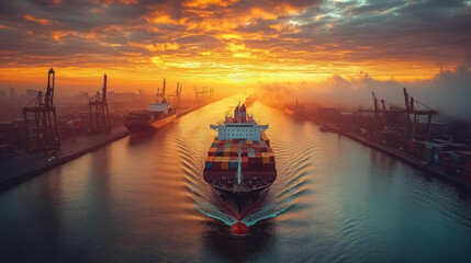 Naklejka premium Logistics and transportation of Container Cargo ship with working crane bridge in shipyard at sunrise