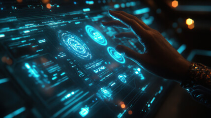 Obraz premium futuristic hand interacting with holographic interface, showcasing advanced technology and digital data visualization. glowing elements create captivating atmosphere