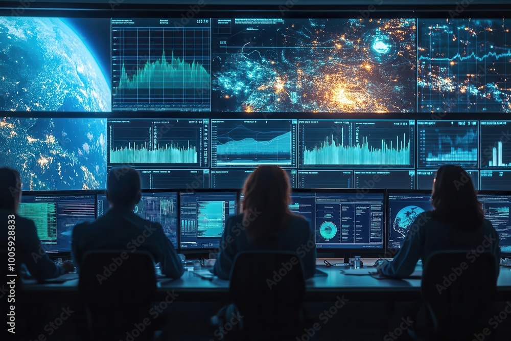 Poster futuristic control room monitoring earth with advanced data displays and visualizations of space and