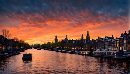 Fototapeta premium Silhouette of the Amsterdam skyline with canals and houseboats set against a brilliant orange and black, Ai Generated