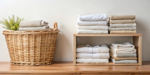 Folded towels on wooden shelf with wicker baskets, home organization concept, towels, folded, wooden, shelf, wicker baskets