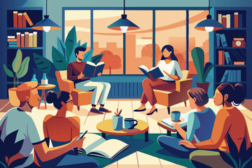 Cozy evening book club gathering in a modern living room setting
