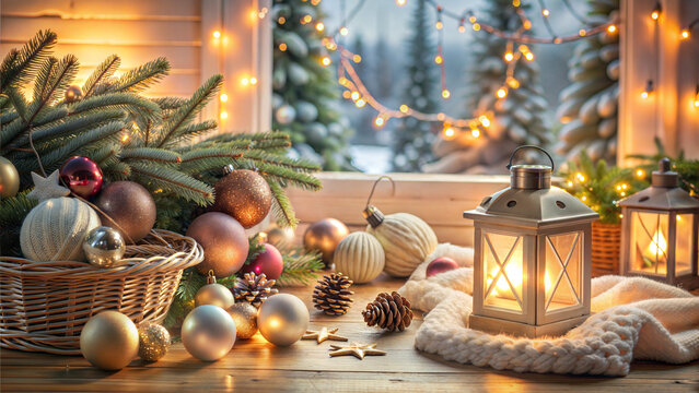 Festive Christmas decorations and lanterns on snowy window sill