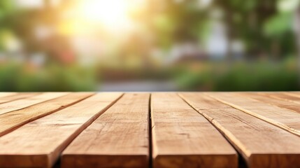 A rustic wooden table is set up in an outdoor environment, illuminated by soft golden light, ideal for showcasing various mockup designs
