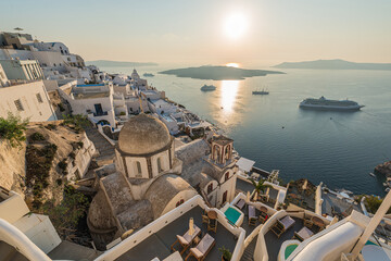 Thira town in Santorini, Greece.