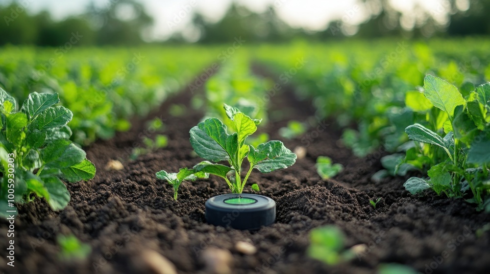 Poster precision agriculture: a close-up of a smart sensor in a field