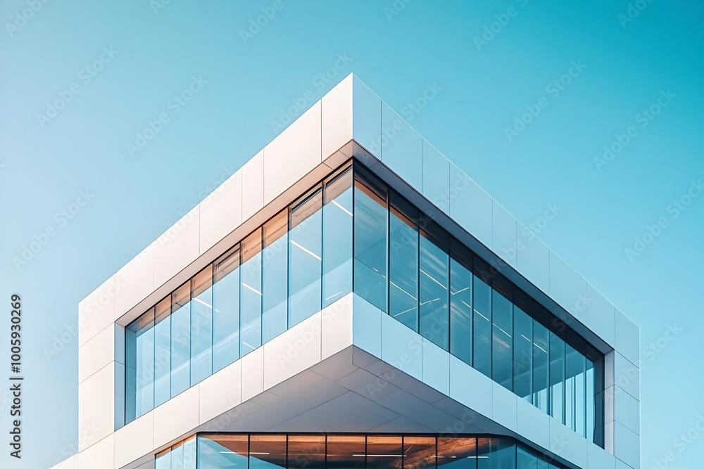 Poster sleek and modern office building with sharp geometric facade and clean lines
