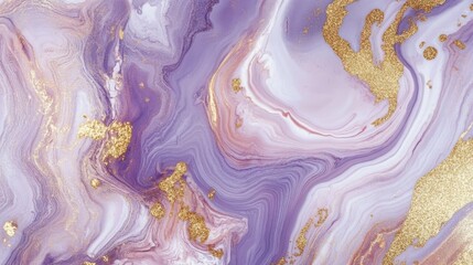 This stunning abstract marble texture showcases soft shades of purple intertwined with brilliant gold flecks, perfect for a luxurious design aesthetic
