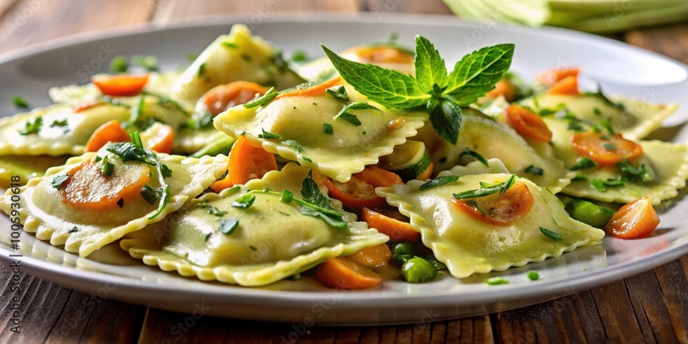 Wall mural close-up of homemade ravioli stuffed with zucchini, carrots, potatoes, and seasoned with artichoke p