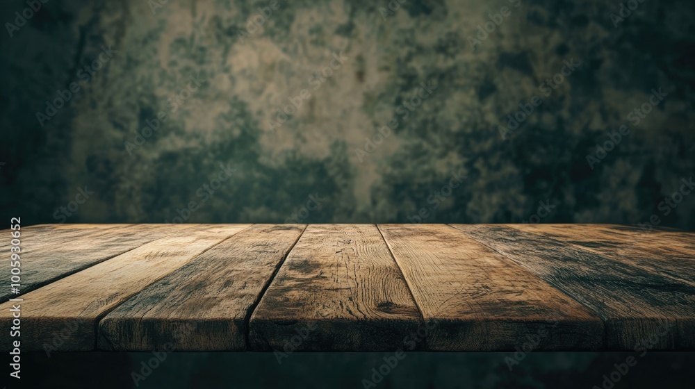 Poster a sturdy wooden table stands empty in front of a textured wall, offering an ideal surface for design