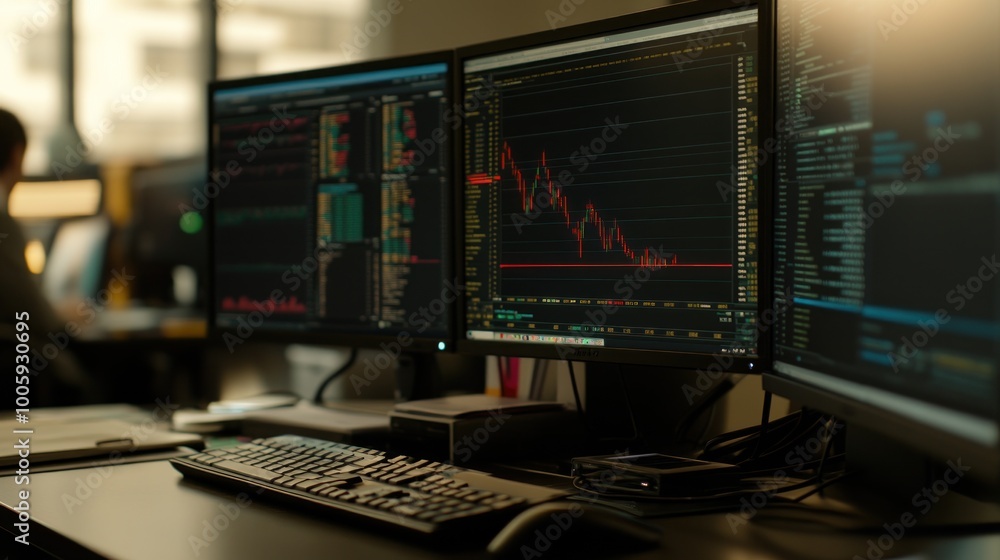 Poster a workspace featuring multiple monitors displaying financial data and market trends.