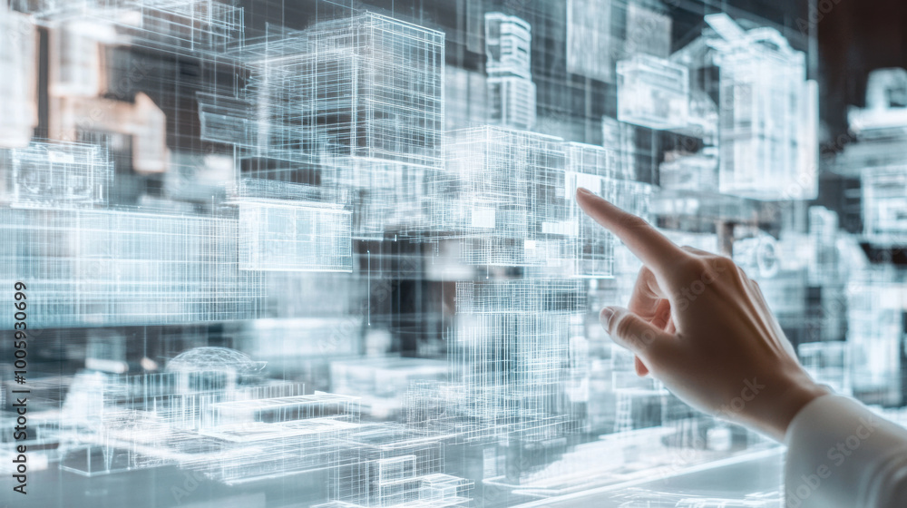 Poster person is interacting with virtual catalog of futuristic buildings and structures, showcasing advanc