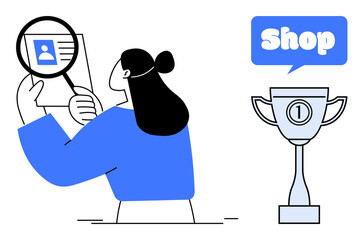 A person examines a profile through a magnifying glass. Nearby, a trophy and a shop sign are visible. Ideal for career and business and achievement and commerce and search themes. Simple and clean