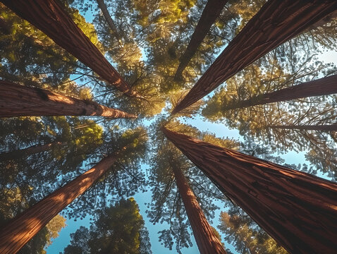 Tall sequoia trees towering in a lush forest under a clear blue sky.