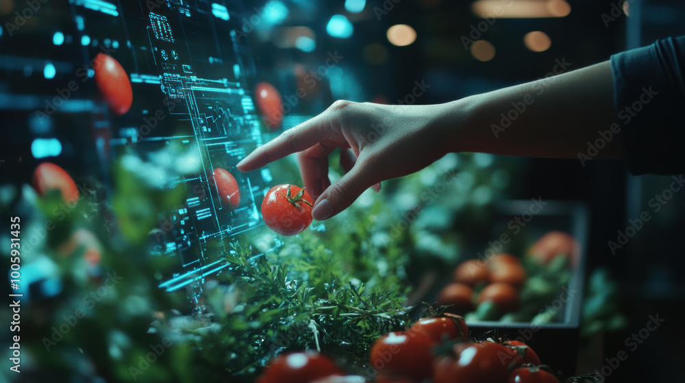 Aufkleber person is interacting with holographic display while selecting fresh tomatoes from digital interface