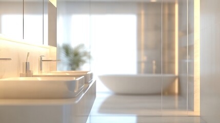 Fototapeta premium A modern bathroom interior featuring sinks, a bathtub, and natural light.
