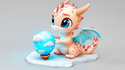 Naklejka premium Cute Baby Dragon Holding A Globe With Clouds