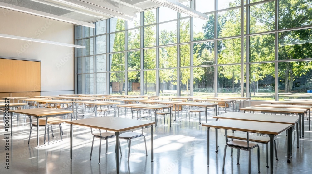 Aufkleber a bright classroom with multiple tables and large windows showcasing greenery outside.