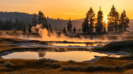 Fototapeta premium A serene landscape at sunrise with steam rising from hot springs and silhouetted trees.