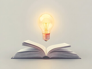 Isolated white book with open page, illuminated by a light bulb, symbolizing education and knowledge