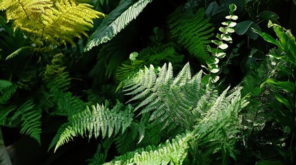 Lush Green Fern Leaves in Tropical Rainforest
