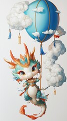 Naklejka premium Adorable Dragon Holding a Hot Air Balloon in the Clouds