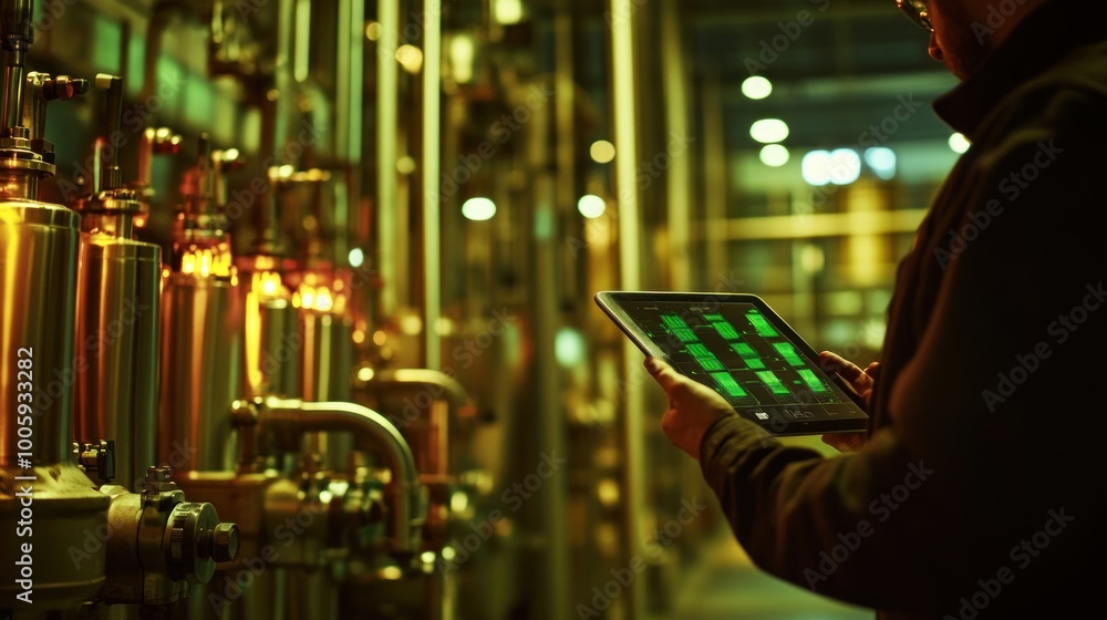 Poster a person using a tablet in an industrial setting with machinery and glowing components.