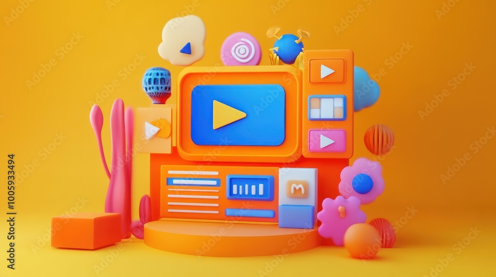 Aufkleber a colorful, playful display featuring a video player and various abstract shapes.
