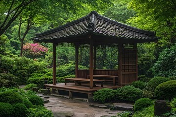 Tranquil Japanese Tea House in a Lush Green Tokyo Garden with Serene Architectural Elements