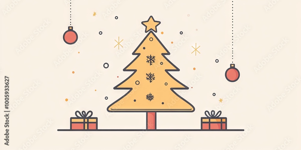 Poster a christmas tree with two ornaments hanging from it. the tree is surrounded by two boxes, one on the