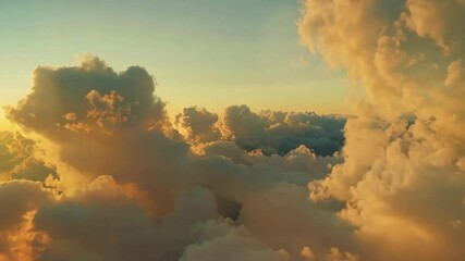 Flying through the fluffy clouds at the sunrise. Clouds movement over the beautiful landscape, relaxed tranquil background with cloudscape on the sunset. Calm nature footage for relax video.  - Powered by Adobe