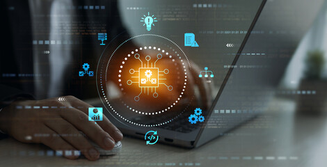 Engineer using laptop for optimization software AI bot with a Comprehensive Guide.Leveraging...