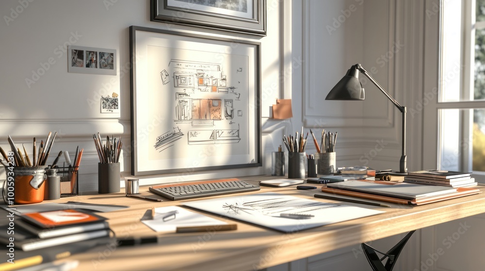 Poster a well-organized workspace with design tools and sketches, highlighting creativity and productivity.