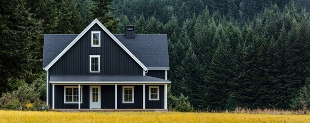 Sleek farmhouse-style home featuring vertical charcoal paneling, crisp white trim, on a field of bright yellow grass and encircled by deep forest green trees, blending urban style with pastoral charm