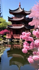 Naklejka premium Traditional Japanese Pagoda Surrounded by Cherry Blossoms and Tranquil Pond
