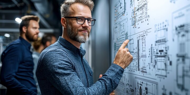 Portrait of an electrical engineer presenting a new design to colleagues, technical diagrams on the walls, confident expression