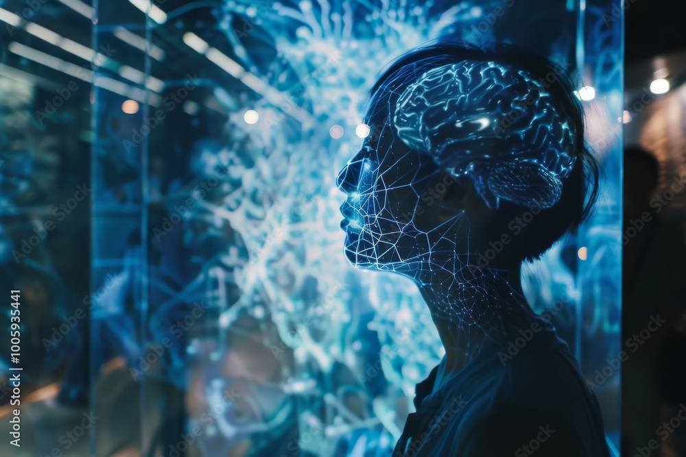Poster exploring tech's impact on human cognition through neural networks and silhouette art. a glimpse int