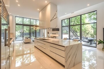 Sleek and Modern Kitchen with Marble Countertops and Minimalist Cabinetry