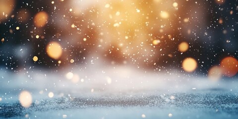 Obraz premium Bokeh lights and soft falling snow create a blurred winter background with copy space