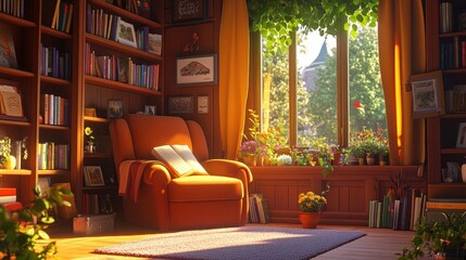 Fototapeta premium Cozy reading nook with a comfortable chair, bookshelves, and vibrant plants by the window.