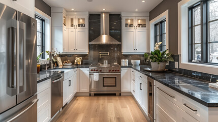 Fototapeta premium Beautiful contemporary kitchen with white cabinetry and stainless steel appliances