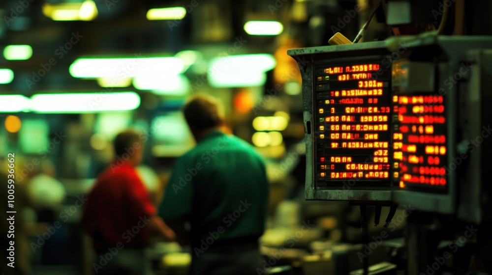 Aufkleber a busy industrial setting with illuminated displays and workers engaged in tasks.