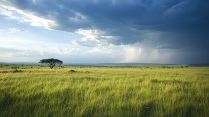 Obraz premium A beautiful scene of a savannah during the rainy season, with vibrant green grasses and distant storm clouds gathering on the horizon.