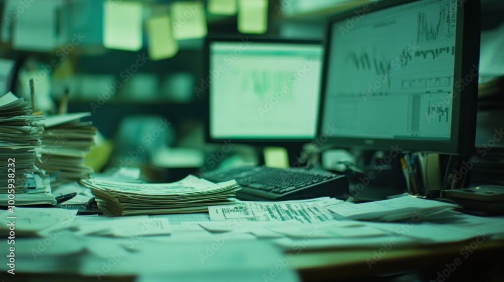 Aufkleber a cluttered desk with multiple computer screens displaying data and graphs.