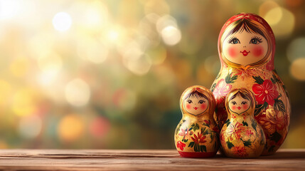 Fototapeta premium Matryoshka russian nesting dolls traditional wooden folk art vintage floral nostalgic handcrafted cozy decorative collectible artisan heirloom gift
