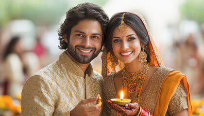 Young indian couple wearing traditional clothing holding a candle at wedding ceremony