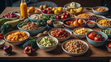 A colorful spread of vegan meals on a dining table, with a focus on fruits and vegetables
