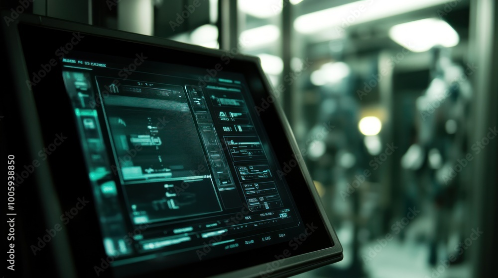 Aufkleber a futuristic control panel displays data alongside robotic figures in a tech environment.