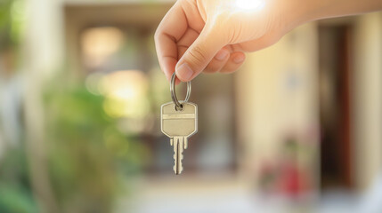 A hand holding a key with a blurred background, suggesting a new home or real estate concept, with copy space.
