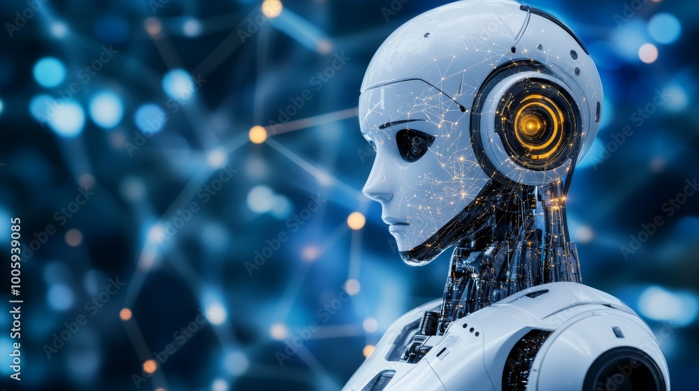 Poster ai technology portrait of an advanced white robot, artificial intelligence and automation concept,